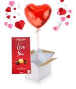 Vignette 1 Ballon cœur rouge et ballotin de chocolats belges "Love You"