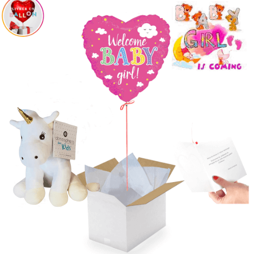 Image 1 Ballon "Welcome Baby Girl" avec Peluche Licorne – Cadeau Doux et Féérique pour Célébrer une Naissance