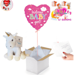 Vignette 1 Ballon "Welcome Baby Girl" avec Peluche Licorne – Cadeau Doux et Féérique pour Célébrer une Naissance