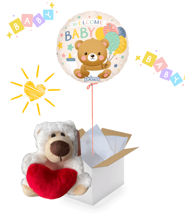 Image 1 Ballon "Welcome Baby" & Peluche Ourson Cœur "Love" – Un cadeau plein de tendresse