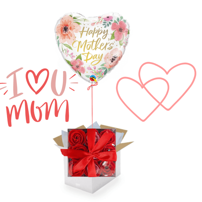 Image 1 Ballon "Happy Mother's Day" avec Coffret de 9 Roses Rouges en Savon