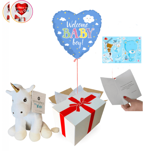 Image 1 Ballon "Welcome Baby Boy" avec Peluche Licorne – Cadeau Tendre et Magique pour Célébrer une Naissance