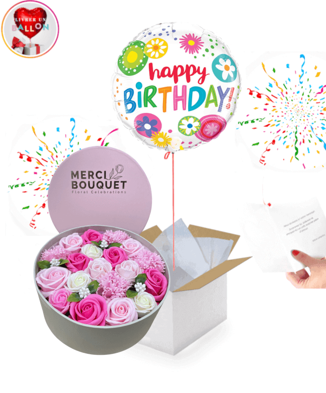 Image 1 Ballon "Happy Birthday" Fleuri avec Composition Florale de Roses de Savon