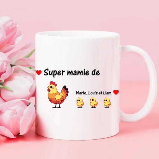 Image 1 Mug "Super Mamie Poule" – Personnalisable avec les Prénoms des Petits-Enfants